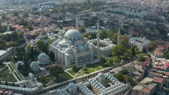 Suleymaniye Mosque with Clear Sky and Impressive Architecture in Istanbul, Turkey, Epic Aerial Wide