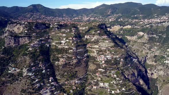 Terraces of the Amalfi coastline above the town of San Michele, Aerial drone close-in shot