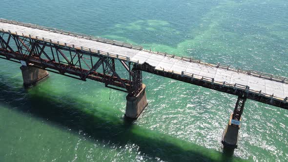 Gorgeous orbiting aerial of the old Bahia Honda Railroad Bridge in the Florida Keys, Florida, USA. C