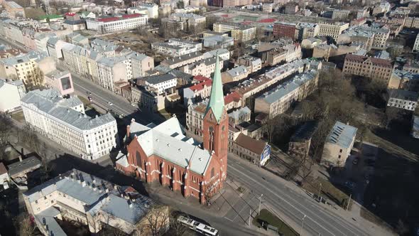 Church in the city aerial view