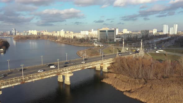 Beautiful Aerial View of City Traffic on the Bridge.