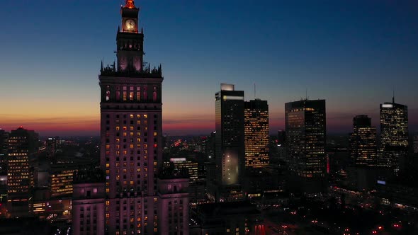 Aerial View of the Business Center of Warsaw Palace of Science and Culture and Skyscrapers in the