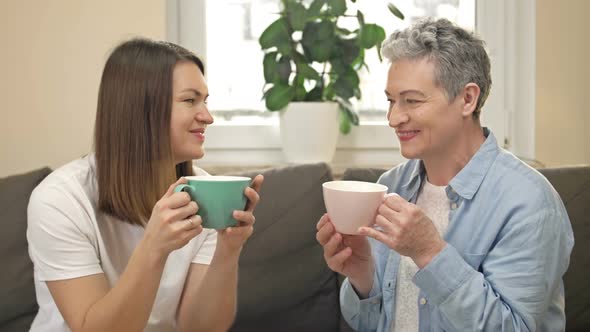 Cheerful Women of Different Ages Drink Tea or Coffee While Sitting on the Sofa in the Living Room