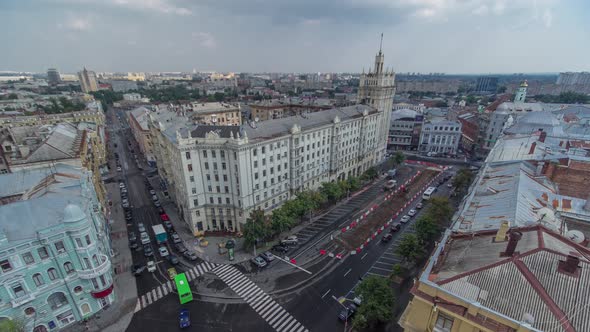 Constitution Square with Historical Buildings Aerial Timelapse in Kharkiv Ukraine