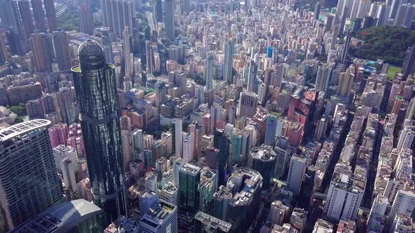 Drone fly over the Hong Kong urban city