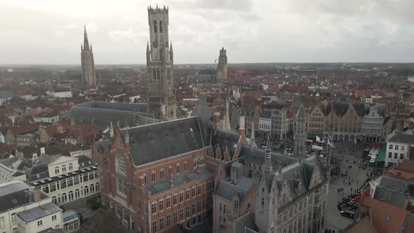 Aerial high drone shot of city Bruges in Belgium European city high helicopter shot