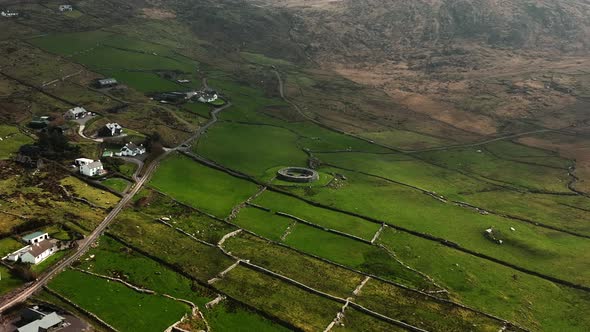 Loher Ringfort, Kerry, Ireland, March 2022. Drone orbits the ancient monument from the northwest at