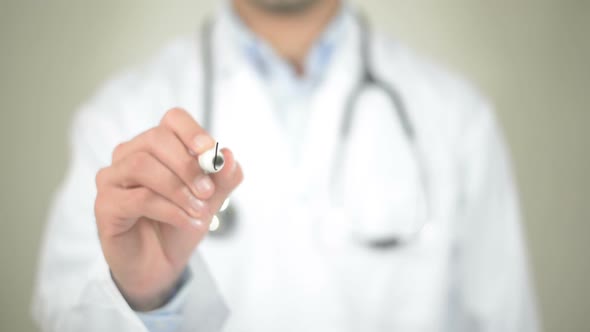 Hospital, Doctor Writing on Transparent Screen