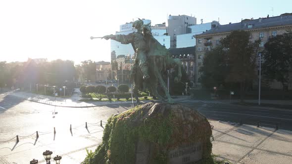 Kyiv, Ukraine: Monument To Bogdan Khmelnitsky in the Morning at Dawn. Aerial View.