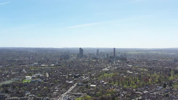 rising drone shot of Croydon suburban London on a sunny day