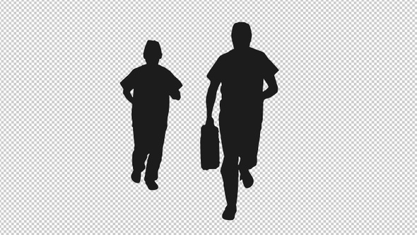Black and White Silhouette of Two Doctors with Medical Case Running to Save People, Alpha In  alt