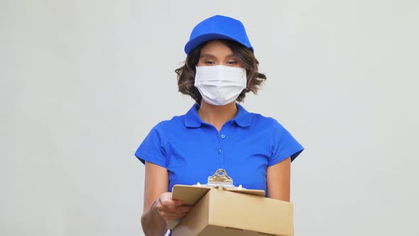 Delivery Woman in Mask with Box and Clipboard