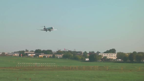 Commercial airliner landing at International airport.  Passenger airplane landing. Aircraft landing.