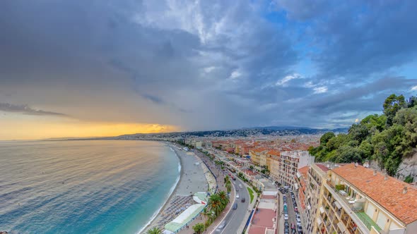 Sunset Over Nice City and Mediterranean Sea Aerial Timelapse