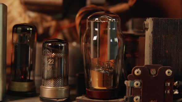 Internal View of Components of Old Retro Vintage Tube Radio Receiver