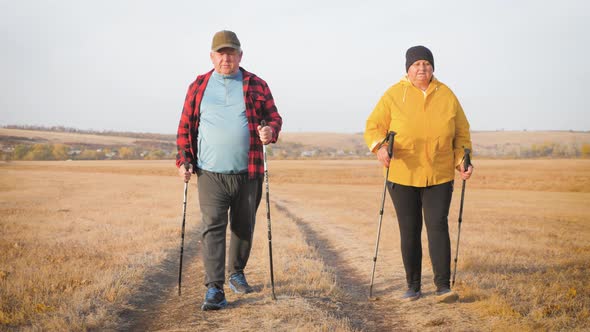 Mature Couple Nordic Walking on Pathway in the Meadow.