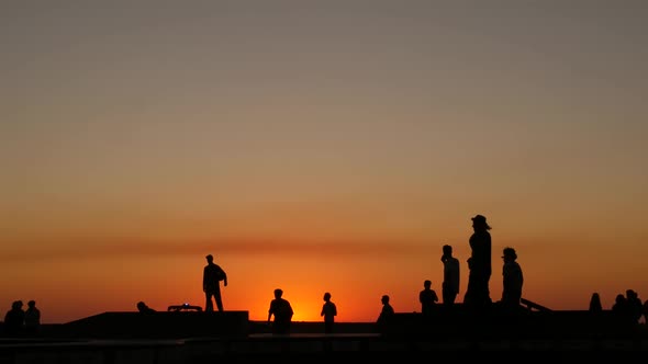 Silhouette of Young Jumping Skateboarder Riding Longboard, Summer Sunset Background. Venice Ocean