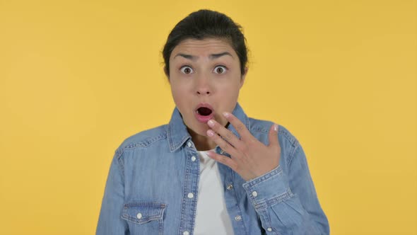 Indian Woman Feeling Shocked Yellow Background