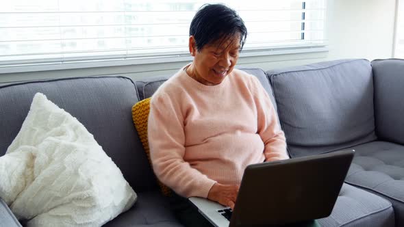 Senior woman using laptop in living room