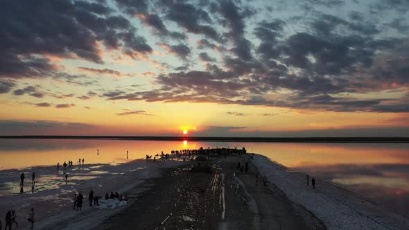 Sunset Is Reflecting Water Beautiful Pink Lake Lots People