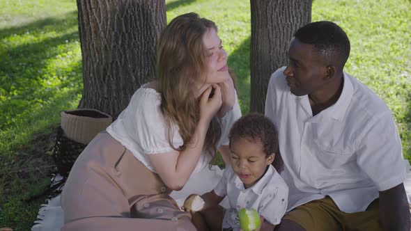 Black Father Fairskinned Mother and Mestizo Child in the Park