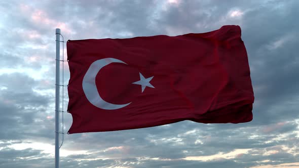 Realistic Flag of Turkey Waving in the Wind Against Deep Dramatic Sky