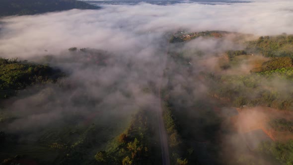 4K High mountain road in fog. Tropical forest with smoke and fog. Aerial view from drone