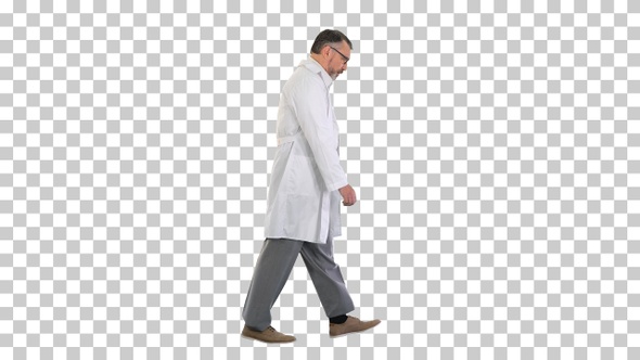 Sad male doctor in glasses walking, Alpha Channel