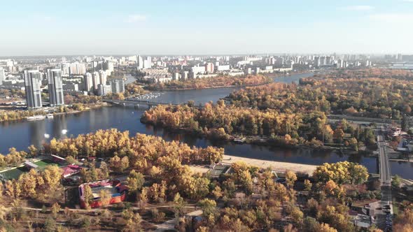 The Left Bank of Kyiv in the Fall. Hydropark. Ukraine. Dnipro River. Aerial View