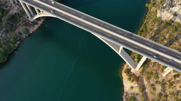 Road and traffic. Aerial view on the cruise ship and bridge. Adventure and travel.