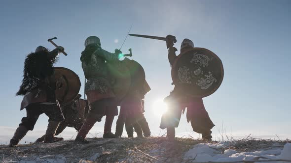 Warriors of Vikings Are Fighting During Attack at Winter Time