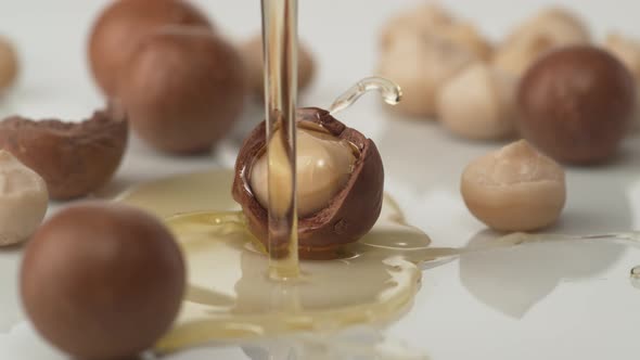 Pouring oil on macadamia nuts. Slow Motion.