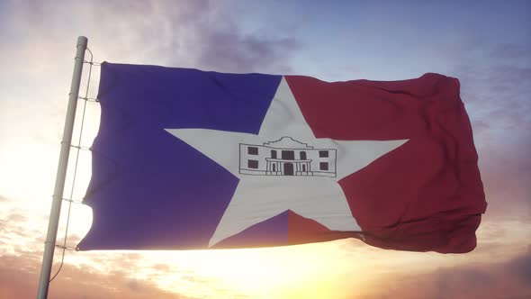 San Antonio City Flag Texas Waving in the Wind Sky and Sun Background