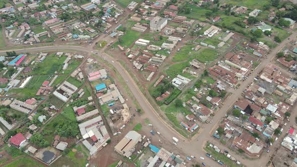 Aerial top down on street traffic residential district of Loitokitok town, Kenya