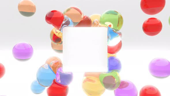 Color Transparent Glass Soft Body Spheres Collide with a White Cube Mockup Advertising Intro Place