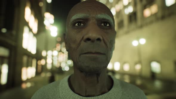 Old Asian Man in Big City at Night