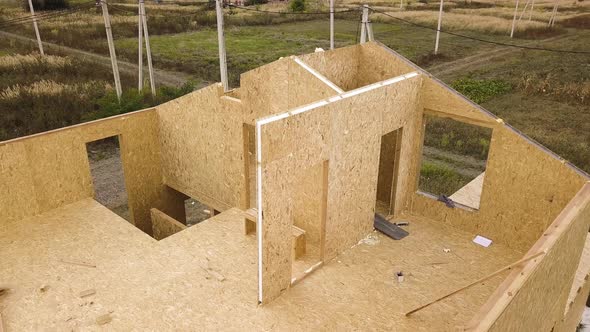 Construction of new and modern modular house. Walls made from composite wooden sip panels