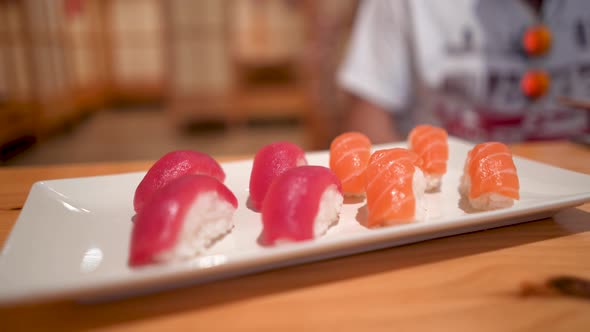 Japanese cuisine dish detail. Nigiri. Pan movement.