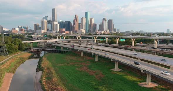 High angle establishing drone shot of downtown Houston. This video was filmed in 4k for best image q