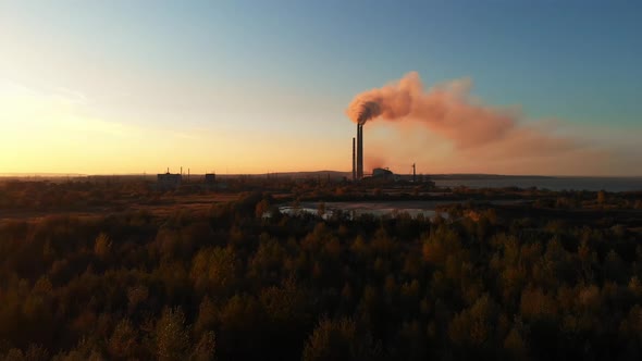 Aerial Drone View High Chimney Pipes with Dirt Smoke From Coal Power Plant