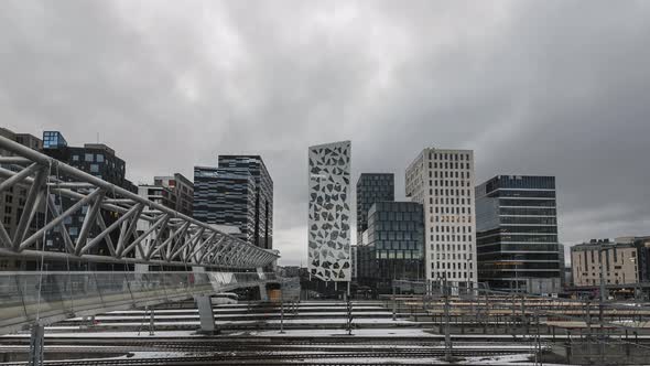 Akrobaten Bru Over Track Area At Oslo Central Station In Norway. Acrobat Bridge And Barcode District