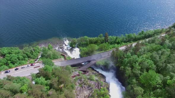Aerial footage of waterfall in norway