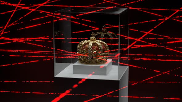 Beautiful golden crown. Valuable exhibit in museum protected by lasers. Insignia