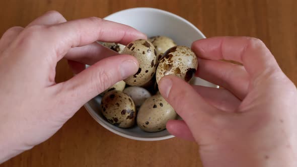 Female Showing in Her Hands Two Quail Eggs Taken From a Plate on the Table