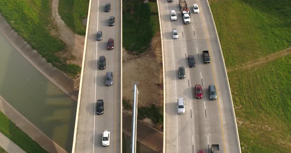 Aerial of cars on 45 North freeway near downtown Houston