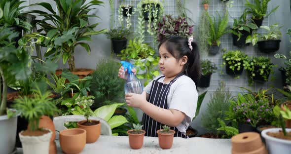 Girl spraying water on the plant