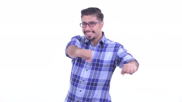 Happy Bearded Persian Hipster Man Dancing