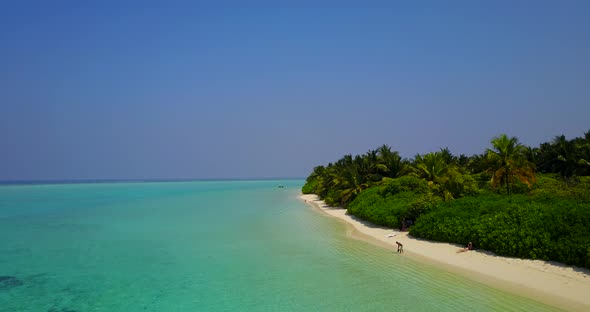 Wide fly over tourism shot of a sunshine white sandy paradise beach and turquoise sea background in 