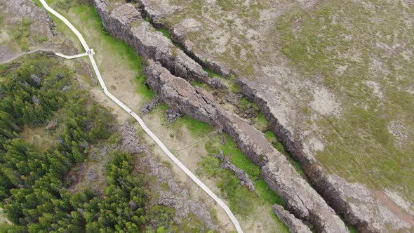 Flying over tectonic plates in Thingvellir National Park, Golden Circle, Iceland