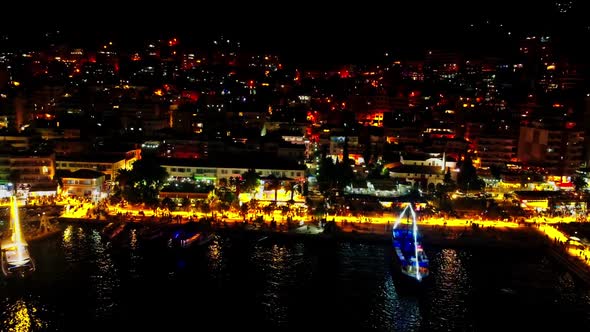 Beautiful Aerial View of the City of Saranda at Night in AlbaniaAlbanian Riviera